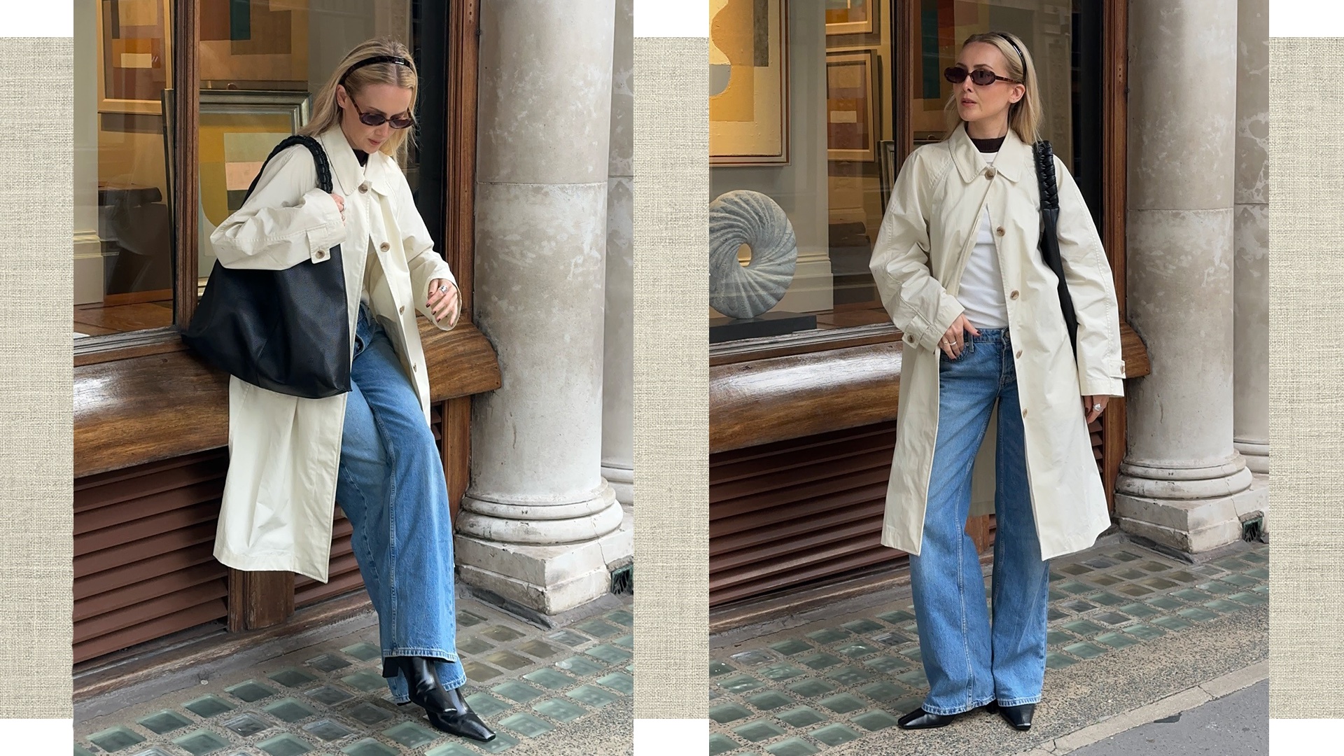 British style influencer Chloe Butler poses on a London sidewalk wearing a black headband, oval sunglasses, a black shoulder bag, an ivory trench coat, white top, relaxed jeans, and black boots