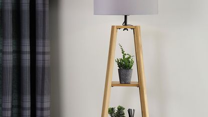 Aldi shelved lamp in pale pine with linen shade