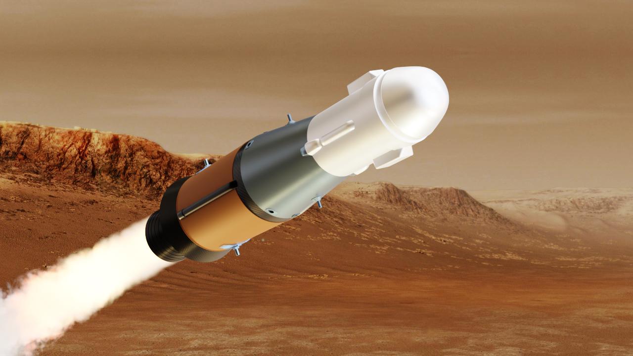 Artist's illustration of the two-stage Mars Ascent Vehicle (MAV) heading for Mars orbit. Samples are to be delivered to the European Space Agency's Earth Return Orbiter spacecraft, which will haul them to our planet.
