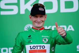 Andre Greipel in green after stage 2.