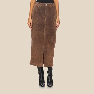 flat lay image of brown suede skirt