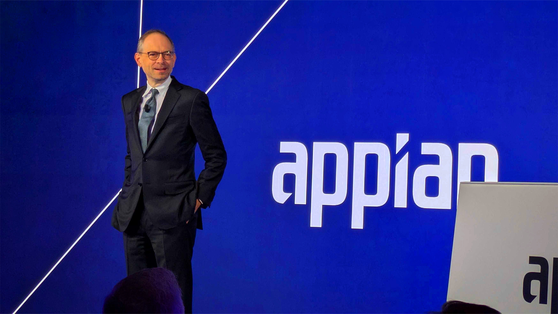 Appian CEO and founder Matt Calkin pictured on stage during the opening keynote presentation at the 2025 Appian Europe conference in London, UK.