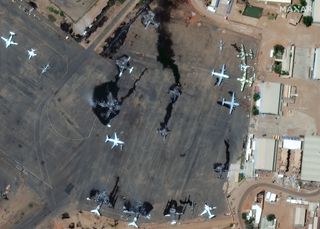 This image of Sudan's Khartoum International Airport, captured by a Maxar Technologies satellite on April 17, 2023, shows damage from the ongoing fighting in the country.