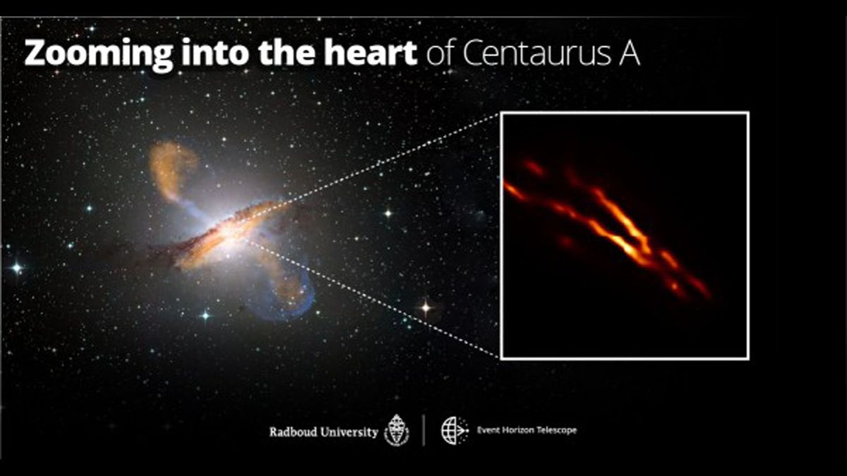 The jet emerging from the supermassive black hole at the center of the Centaurus A galaxy imaged by the Event Horizon Telescope.