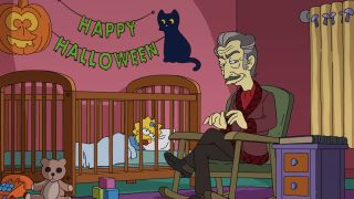 Spoof of Vincent Price sitting in rocking chair in Maggie's room with Halloween decorations for The Simpsons' Treehouse of Horror 32