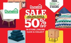 Dunelm logo placed over a graphic sale image promoting 50% off