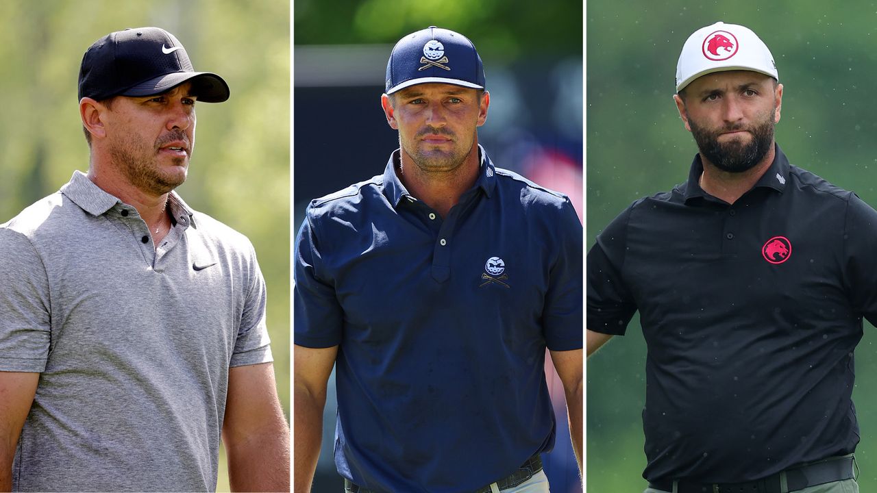 Brooks Koepka (left), Bryson DeChambeau (middle), and Jon Rahm (right) in a three-way split image