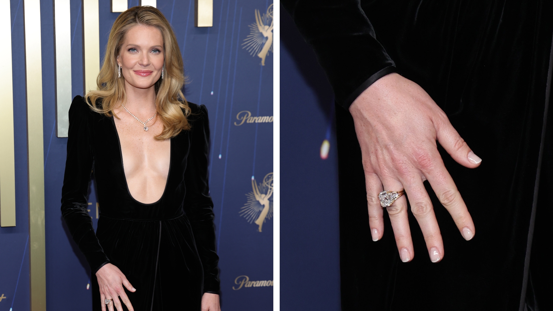 On the left is a picture of Meghann Fahy, who is seen wearing a black dress and with a subtle, micro French manicure on her nails whilst attending the 77th Primetime Emmy Awards at Peacock Theater on September 14, 2025 in Los Angeles, California. And on the right is a close-up of the same image, zoomed in on her hand to show her micro French manicure in detail.
