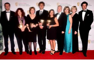 BAFTA Winners of Drama Series for Happy Valley Sally Wainwright, Karen Lewis, Euros Lyn, Nicola Shindler, Steve Pemberton, Siobhan Finneron, Sarah Lancashire, James Norton and Jonathan Leather  2015.  Photo: Ian West