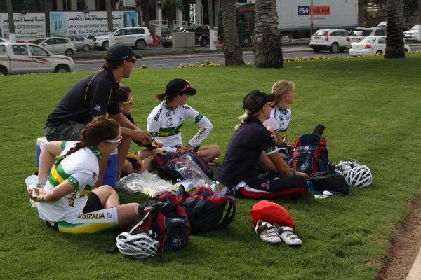 The Australian team get ready for action.