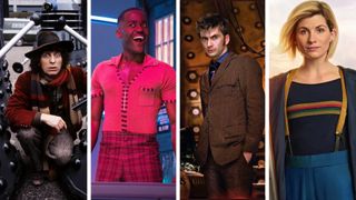 Tom Baker, Ncuti Gatwa, David Tennant, and Jodie Whittaker as Doctor Who