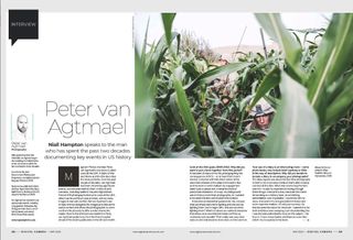 Opening two pages of interview with photographer Peter van Agtmael in issue 281 (May 2024) of Digital Camera magazine