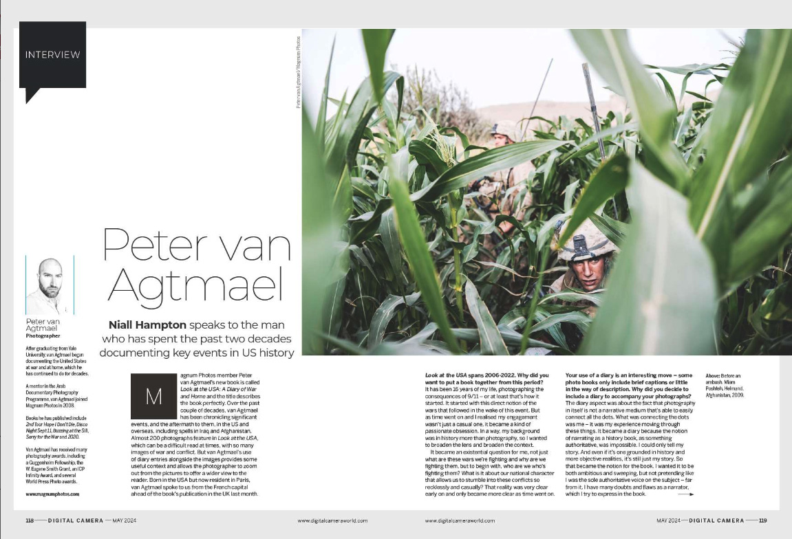 Opening two pages of interview with photographer Peter van Agtmael in issue 281 (May 2024) of Digital Camera magazine