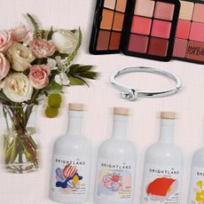 collage of flowers, makeup palette, olive oil, and silver bangle