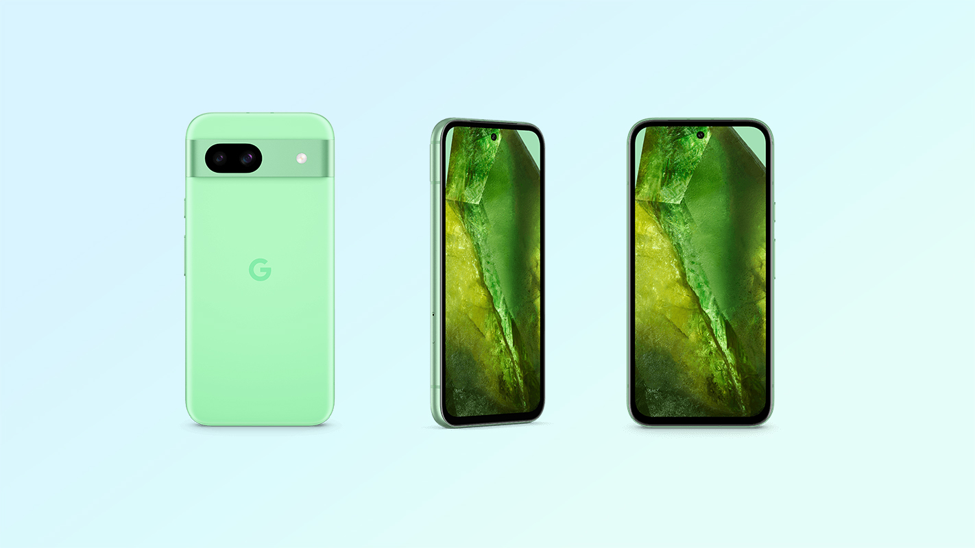 Google pixel 8a in green shown off from front, back and side angles