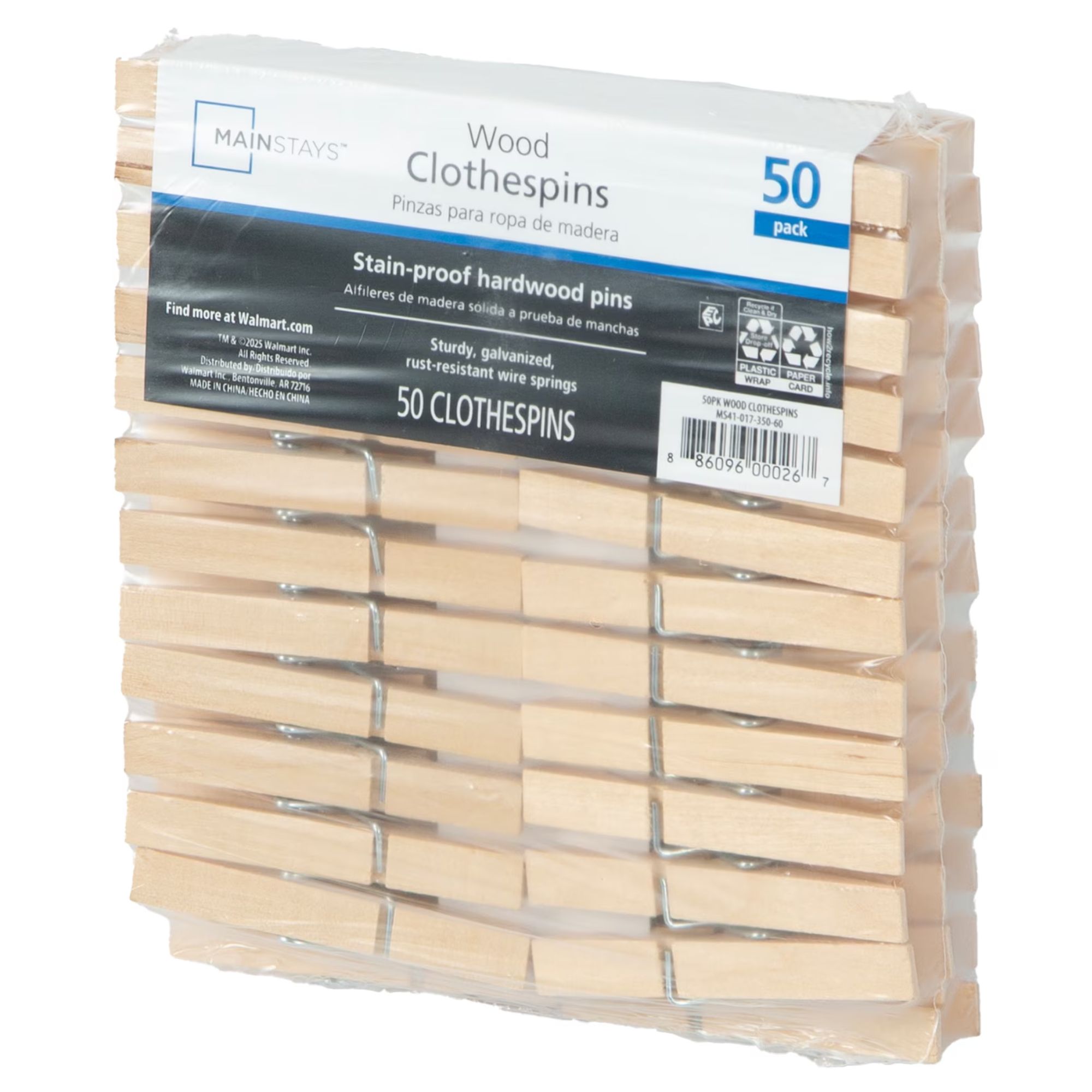 Mainstays 50-Count Moisture-Resistant Wooden Clothespins