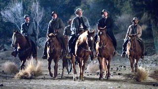 The cast of "3:10 to Yuma" on horseback