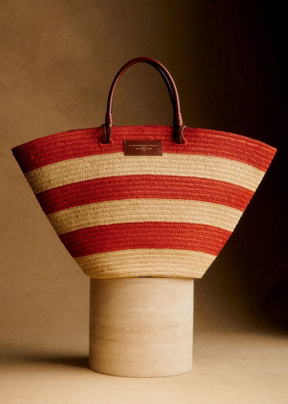 Justine Maxi Basket Bag - Raffia With Coral Stripes - Raffia - Sézane