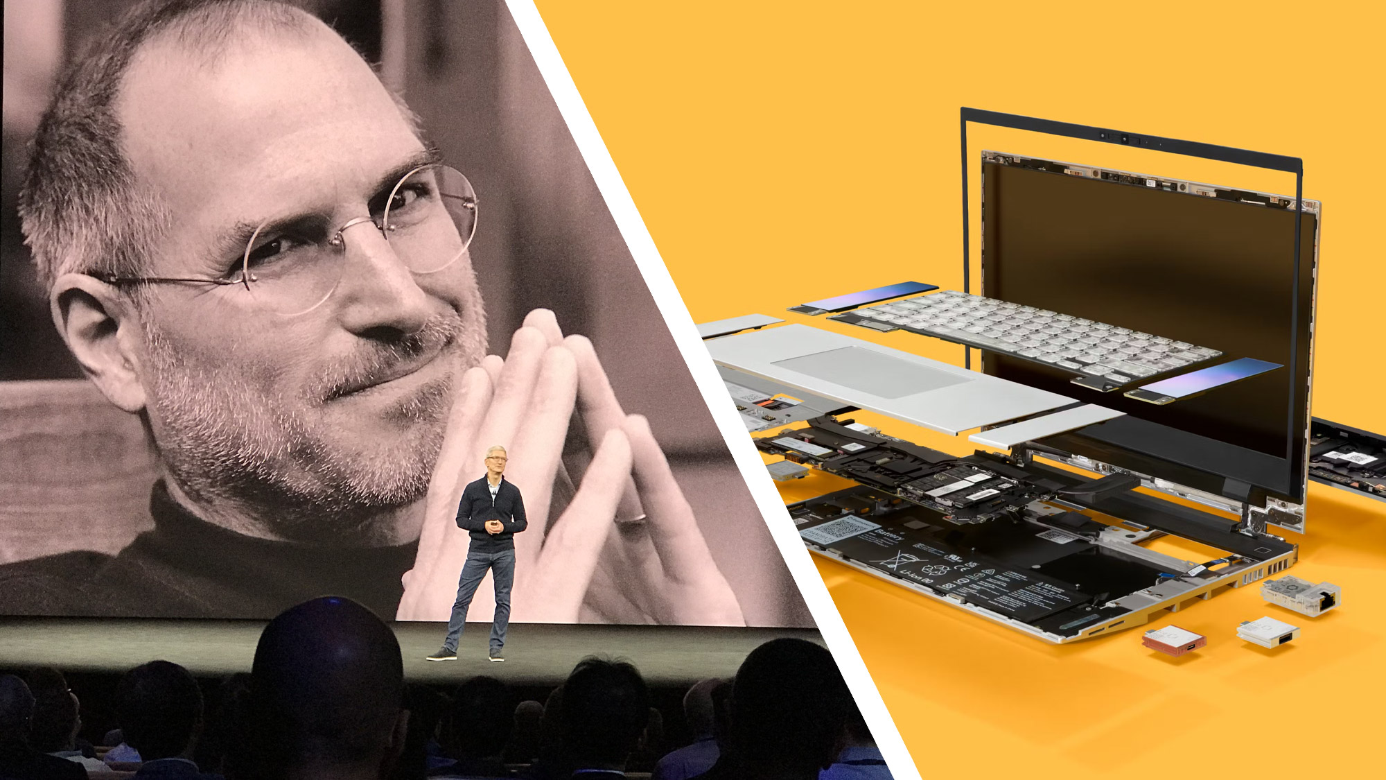 Steve Jobs as depicted during an Apple 2017 product launch (left) and an exploded view of a Framework laptop