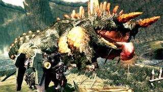 A mech faces a giant akrid monster in Lost Planet 2.