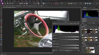 Image shows Affinity Photo in use on a photo of a car interior.