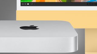 The Apple Mac mini M2 next to a yellow iMac on a grey background
