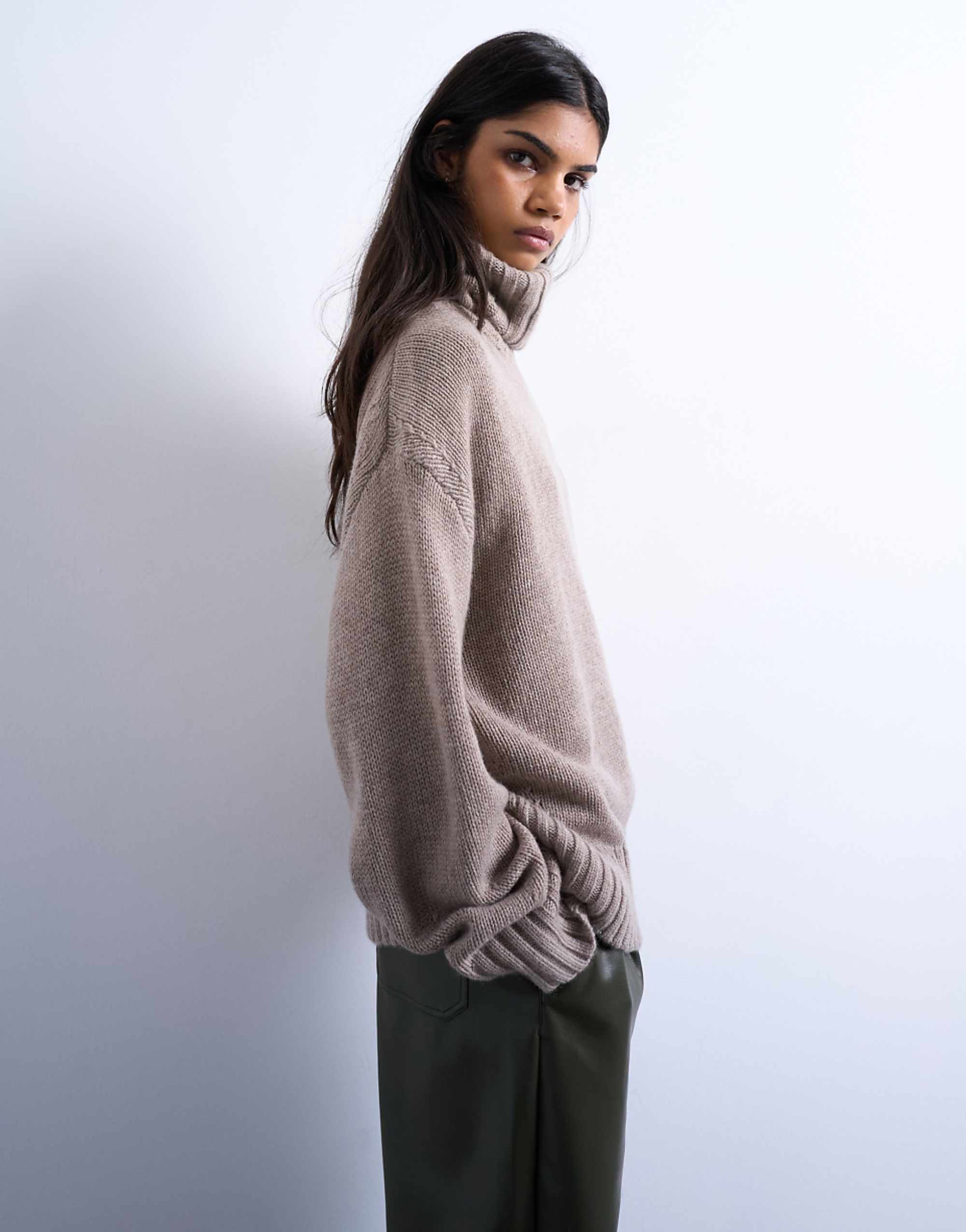 Topshop Knitted Premium Cashmere Roll Neck Jumper in Oat