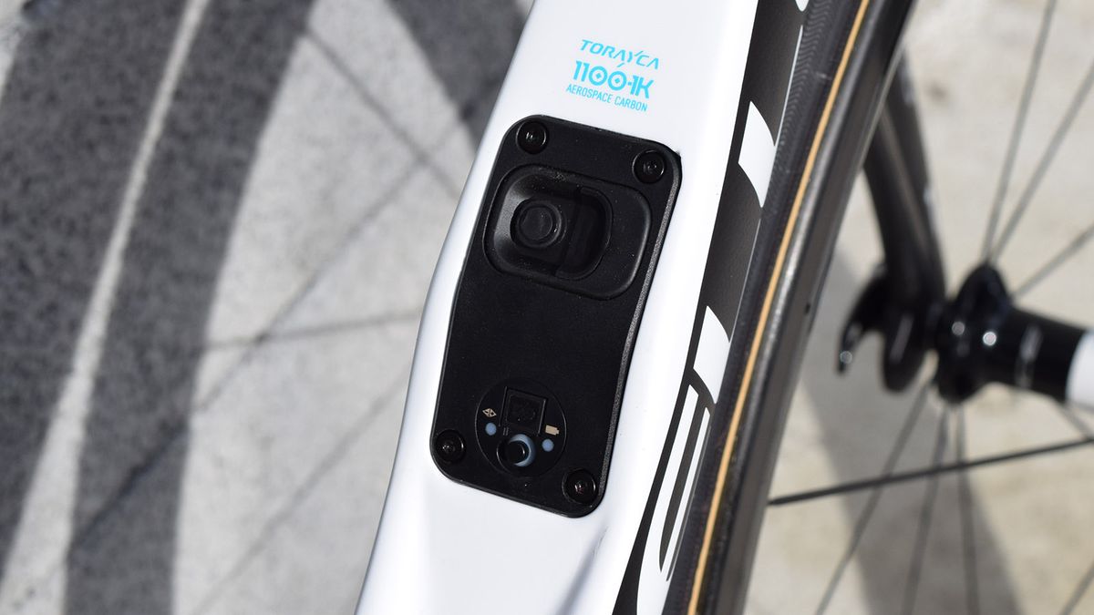 Pinarello integrate a Dura-Ace Di2-specific port on the down tube for charging and connectivity of the electronic groupset