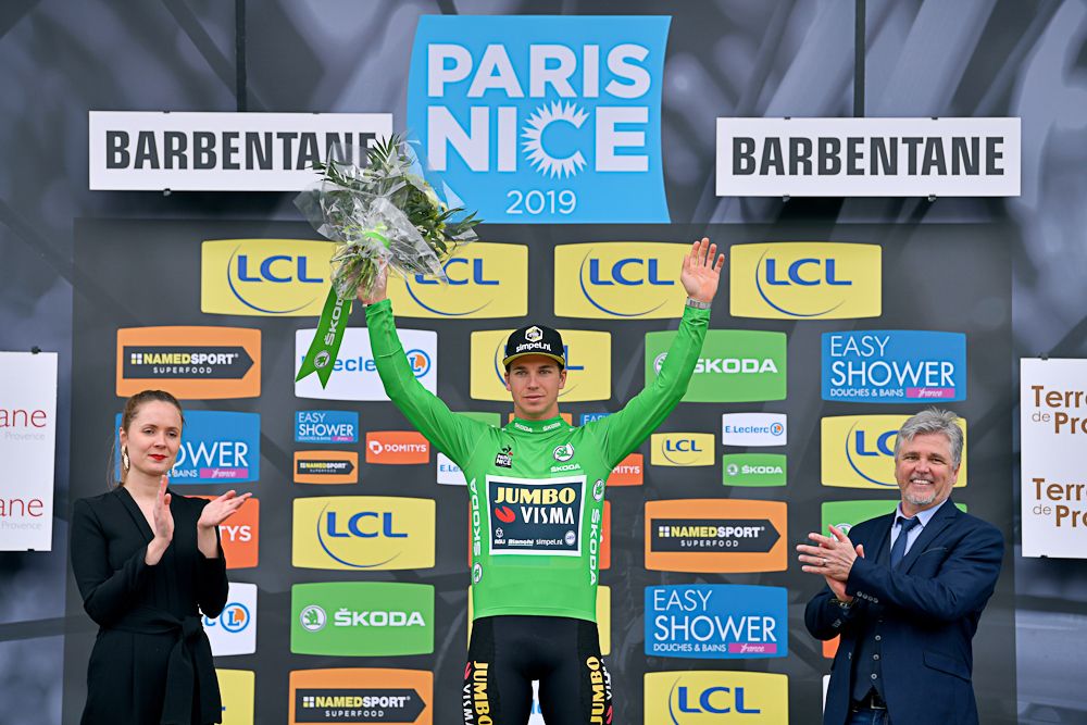 Dylan Groenewegen in green after stage 5 at Paris-Nice