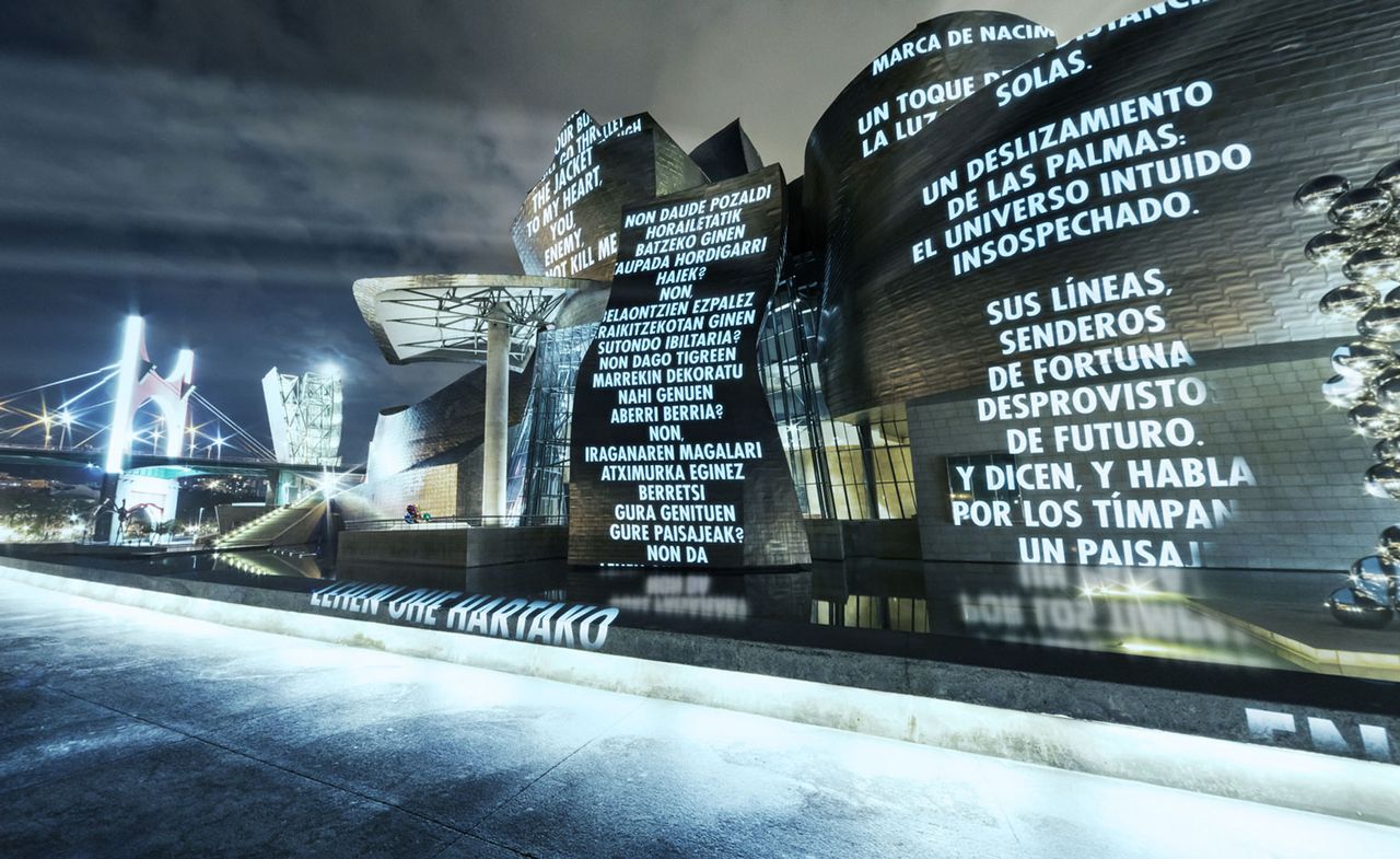 LIKE BEAUTY IN FLAMES, 2021 by Jenny Holzer, an AR text installation at the Guggenheim Bilbao in Spain