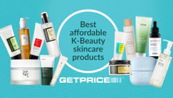 Blue background with black writing in the middle that says Best affordable K-Beauty skincare products with scattered images of skincare products around it
