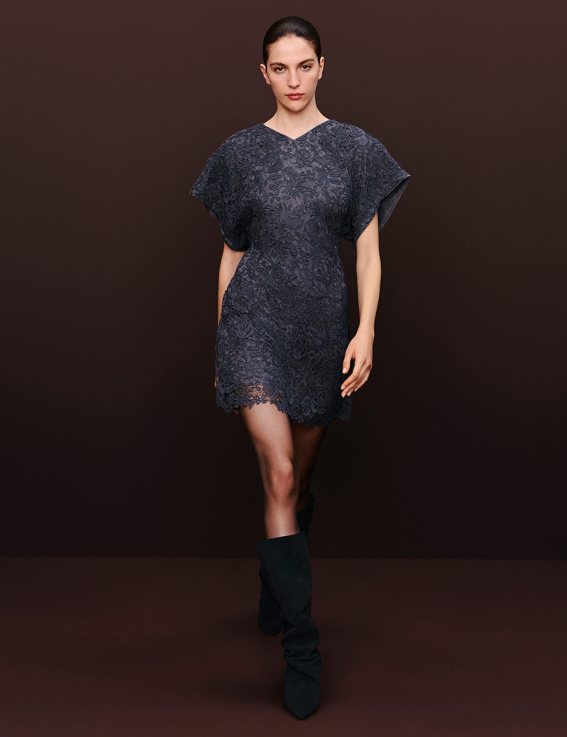 Lace V Neck Mini Shift Dress