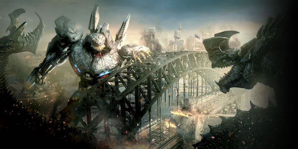 A Jaeger fighting several Kaiju in Pacific Rim