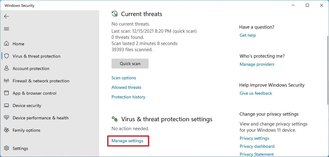 Defender Antivirus Manage Settings