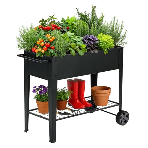 Foyuee 31.5" Tall Raised Garden Bed With Wheels, Extra 15.7" W Planter Box (400 Lbs Loads) With Storage Shelf &amp;amp; Handle,heavy Duty Metal Garden Planter for Vegetables, Herbs &amp;amp; Flowers, Patio &amp;amp; Balcony
