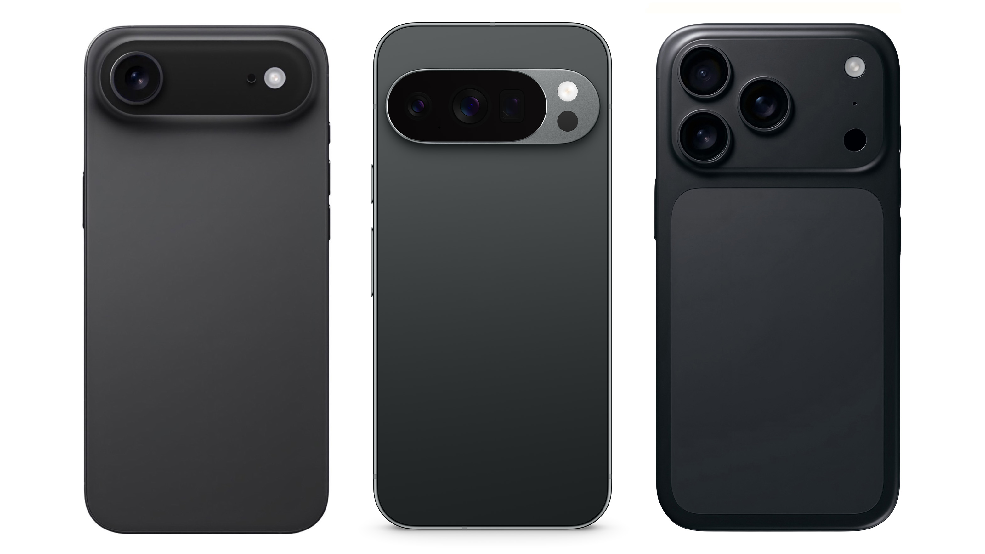 A render of the back of the black Google Pixel 10 Pro next to leaked renders of the Apple iPhone 17 Air and iPhone 17 Pro