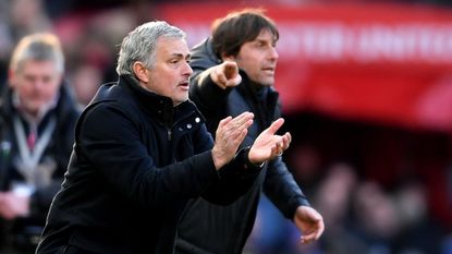 MANCHESTER, ENGLAND - FEBRUARY 25:Jose Mourinho, Manager of Manchester United and Antonio Conte, Manager of Chelsea give their teams instuctions during the Premier League match between Manche