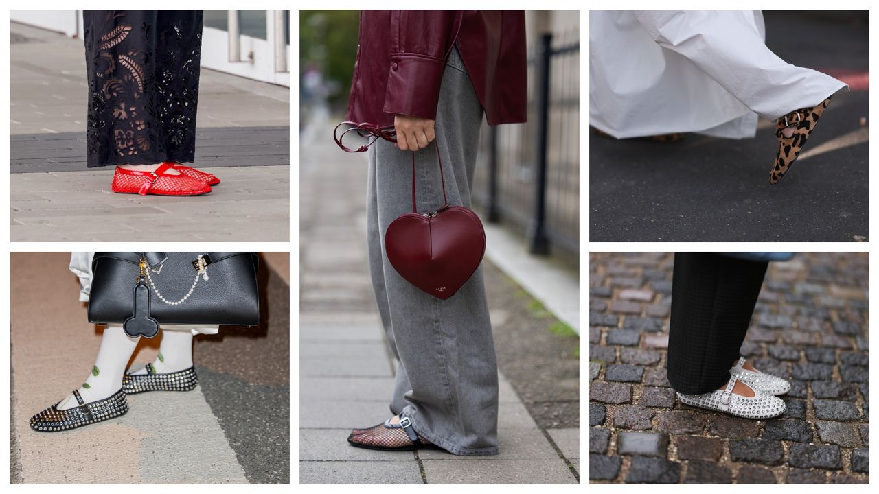 a collage of Alaia ballet flats worn at fashion week