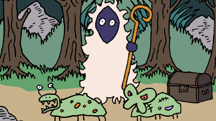 A Shepard with several strange creatures gaggled about its feet in Heroes of the Seven Islands.