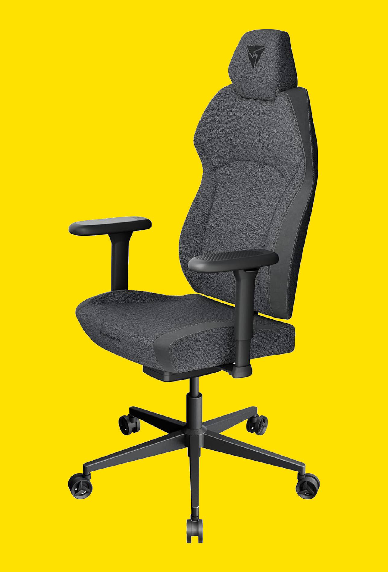 A ThunderX3 Solo 360 gaming chair on a yellow background.