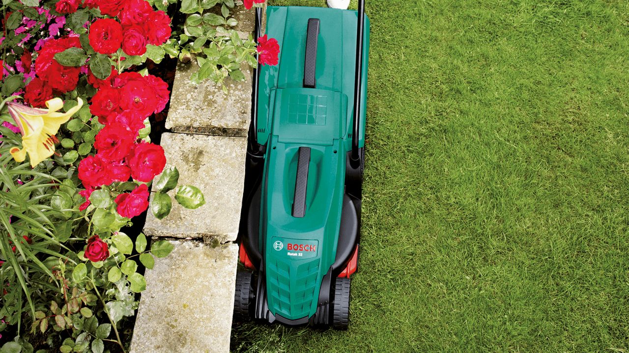 Best lawn mower: Image of BOSCH lawn mower in garden with flowers 