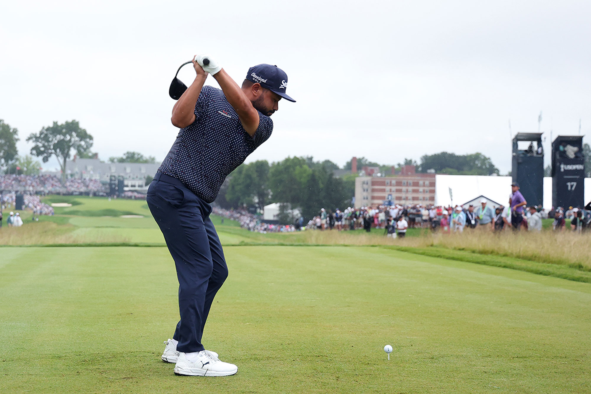 JJ Spaun at the top of his backswing with driver, on the 18th hole at Oakmont Country Club on his way to winning the 2025 US Open