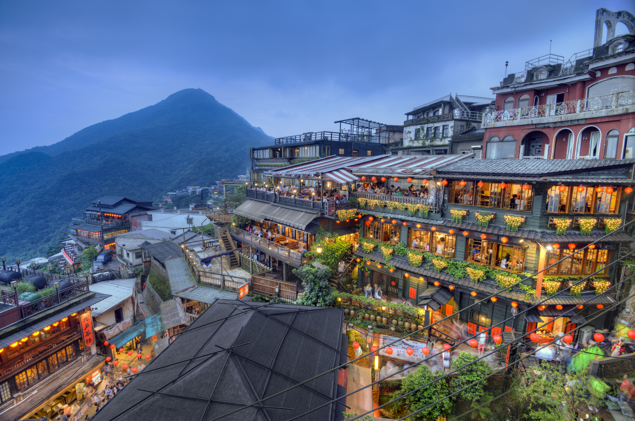 Teahouses at the touristy mountain town of Juifen in Taiwan
