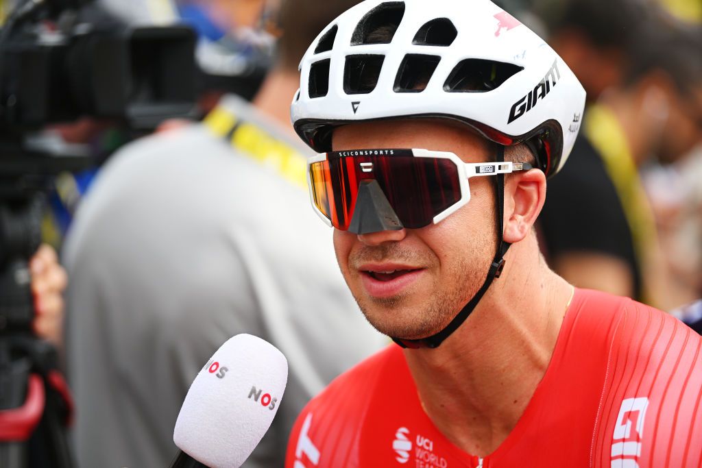 PIACENZA ITALY JULY 01 Dylan Groenewegen of Netherlands and Team Jayco AlUla meets the media press prior to the 111th Tour de France 2024 Stage 3 a 2308km stage from Piacenza to Torino UCIWT on July 01 2024 in Piacenza Italy Photo by Dario BelingheriGetty Images