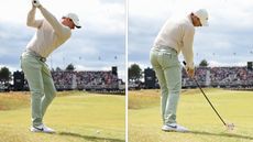 Rory McIlroy hitting his second shot into the 18th at the Renaissance Club during the last round of the 2023 Scottish Open