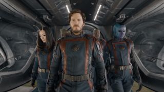 Star-Lord and other Guardians of the Galaxy walking off of ship