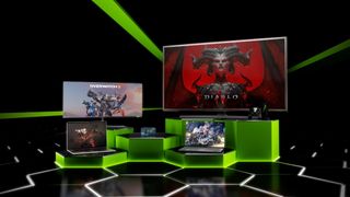 Nvidia GeForce Now promo artwork featuring games running on all kinds of devices from phones to TVs