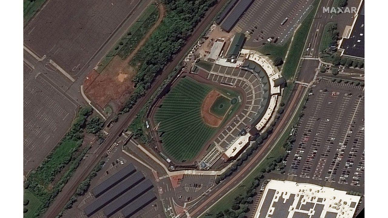 A WorldView-2 satellite image of the TD Bank Ballpark in Bridgewater Township, New Jersey taken before the floods, on Aug. 25, 2021.