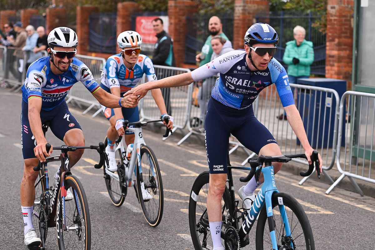 Picture by Will Palmer/SWpix.com - 04/09/2024 - Lloyds Bank Tour of Britain 2024 - Stage 2:&Acirc;&nbsp;Darlington to Redcar, England - Julian Alaphilippe (Soudal Quick-Step) congratulates Stevie Williams (Israel - Premier Tech) on winning Stage 2 of the Lloyds Bank Tour of Britain 2024 in Redcar