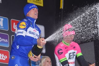 Yves Lampaert celebrates on the Dwars door Vlaanderen podium